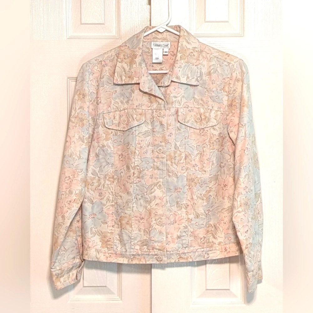5/$25 COLDWATER CREEK Pastel Floral Linen Cotton Button Up Jean-Style Jacket